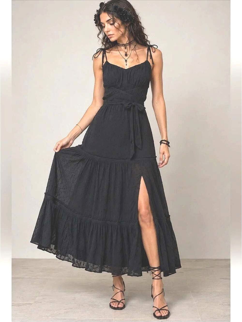 PAIGE Black Rayon Lace Midi Dress Whimsigoth Boho Prairie Romantic Sundress S